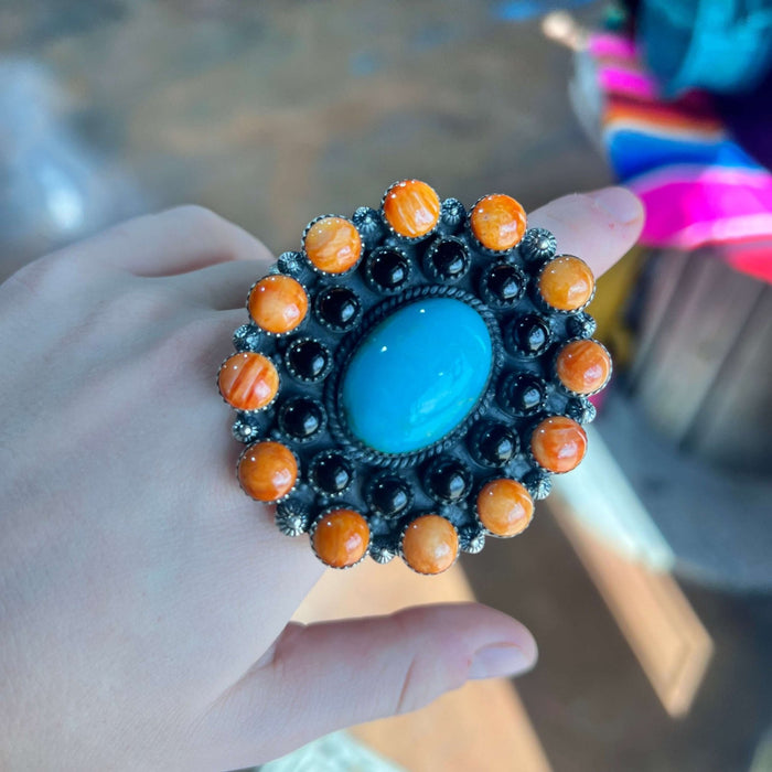 Huge Statement Orange Spiny Black Onyx & Turquoise Adjustable Genuine Ring - Country Lace Boutique