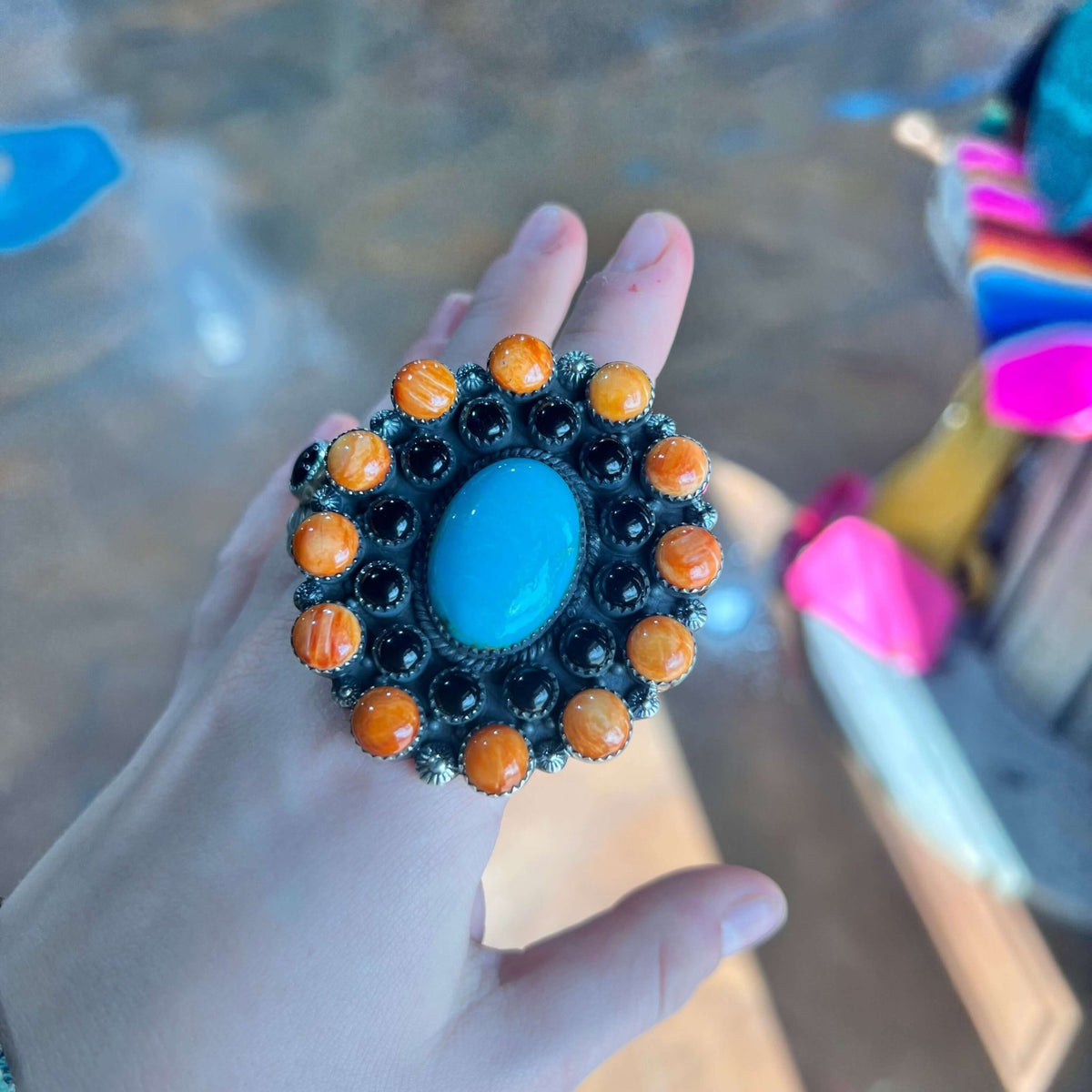 Huge Statement Orange Spiny Black Onyx & Turquoise Adjustable Genuine Ring - Country Lace Boutique