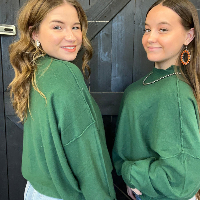 Hunter Green Super Soft Inside Out Crop Long Sleeve Sweater - Country Lace Boutique