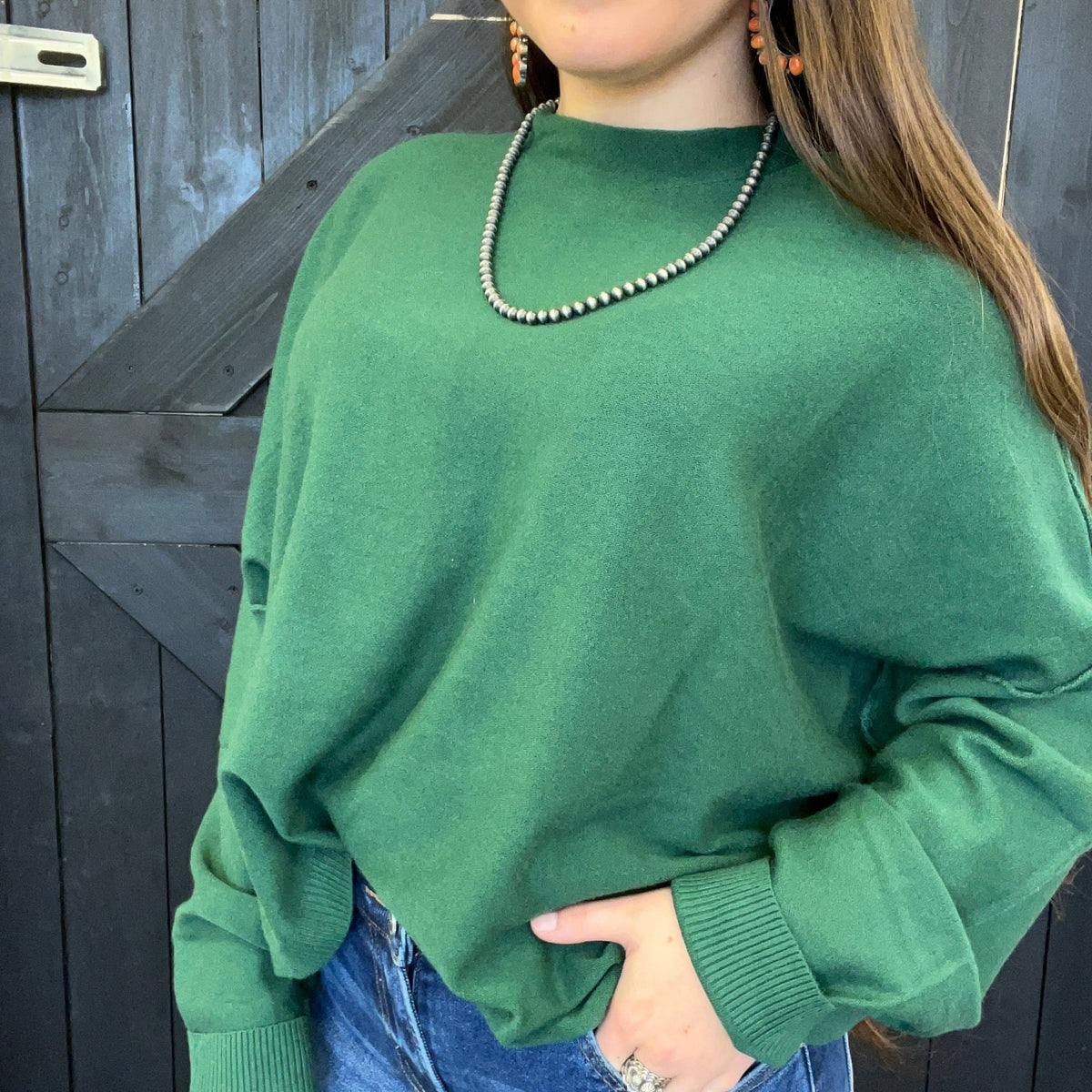 Hunter Green Super Soft Inside Out Crop Long Sleeve Sweater - Country Lace Boutique