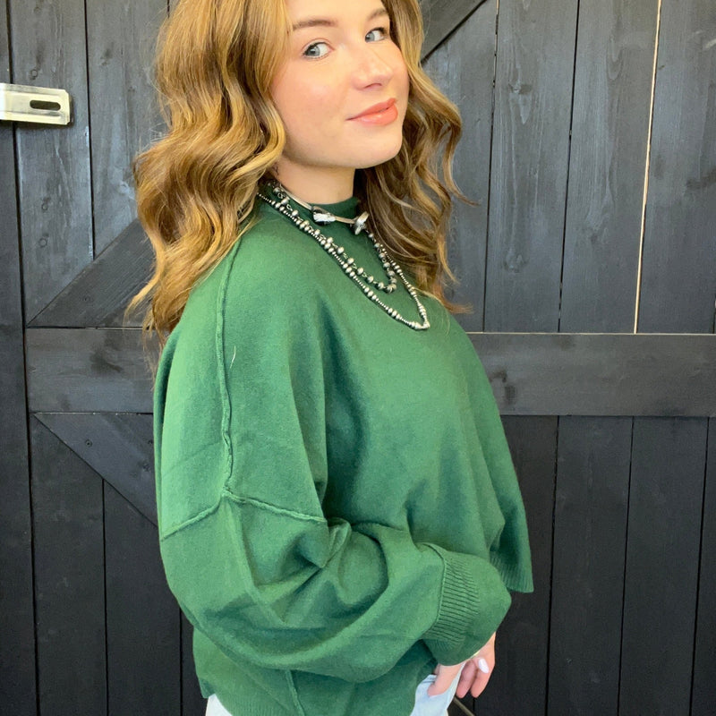 Hunter Green Super Soft Inside Out Crop Long Sleeve Sweater - Country Lace Boutique