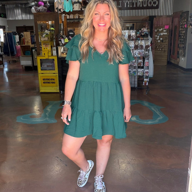 Hunter Green V Neck Ruffle Short Dress Country Lace Boutique Hunter Green V Neck Ruffle Short Dress Country Lace Boutique