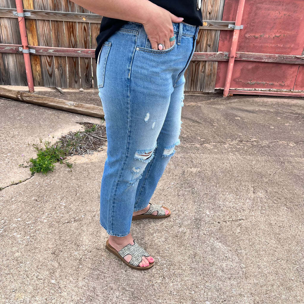 High Rise Distressed Straight Mom Jeans