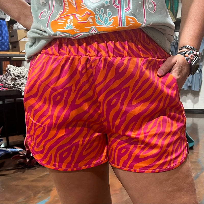 Pink & Orange Zebra High Waisted Athletic Shorts w/Pockets