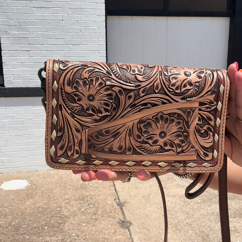 Tooled Handle Leather Double Zip Wallet Purse