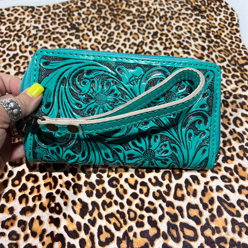 Turquoise Tooled Zipper wallet