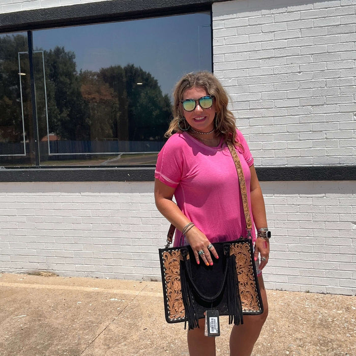 Black Suede Tooled Tote Purse