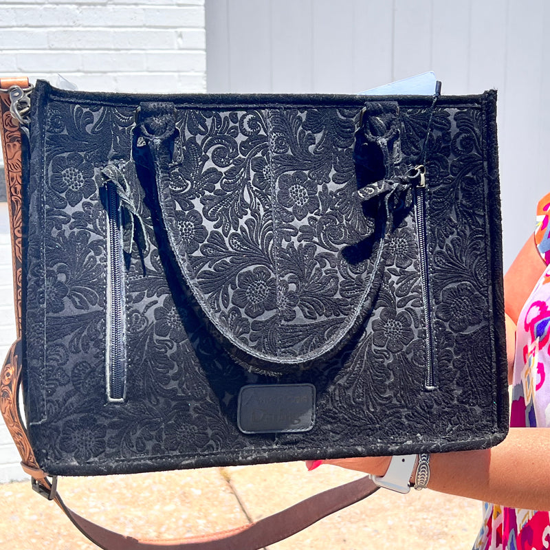 Black Suede Tooled Tote Purse