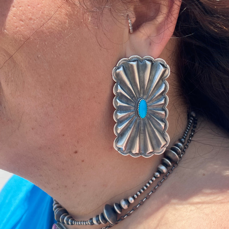 Concho Post Turquoise Big Genuine Earring