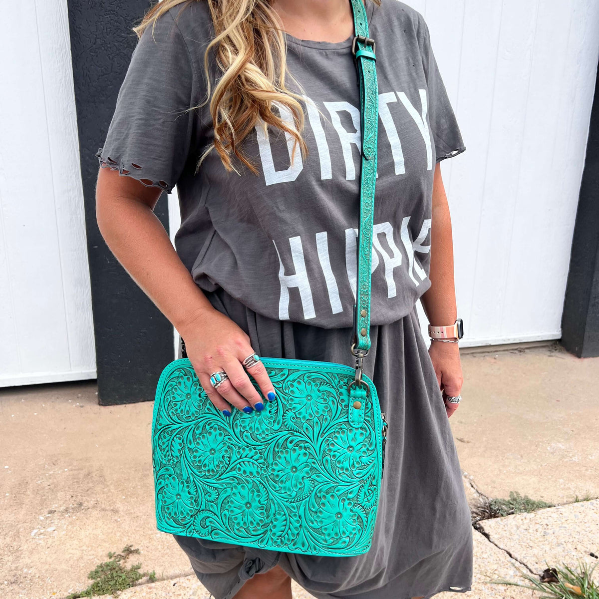Turquoise Tooled Top Zip Purse