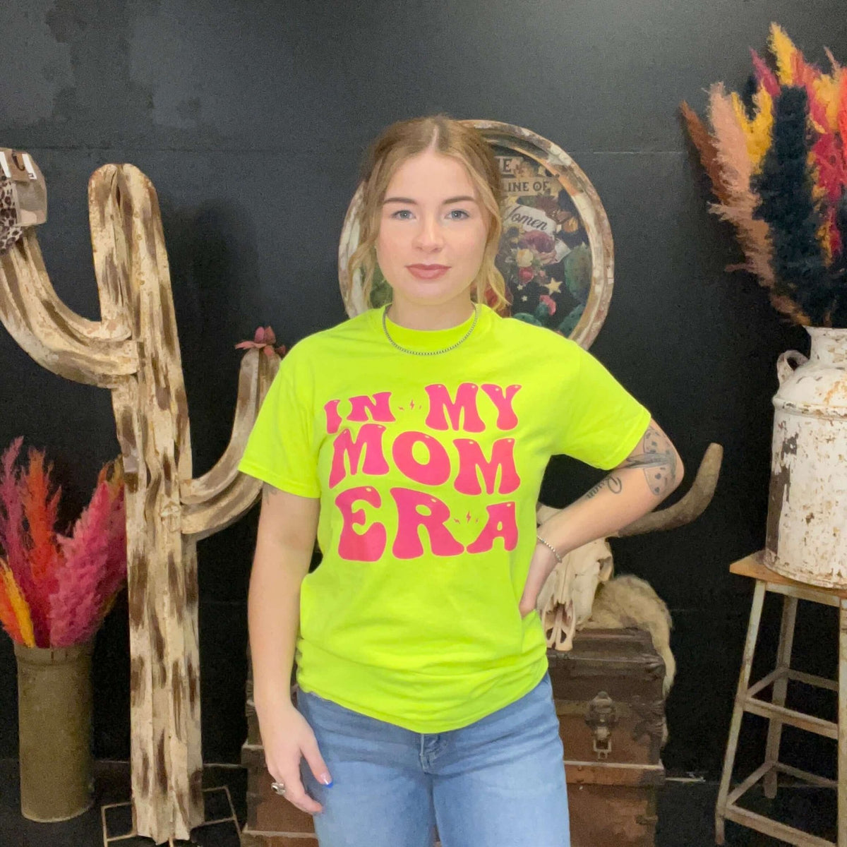 In My Mom Era Neon Yellow with Hot Pink Crew Neck T-shirt / Small - Country Lace Boutique