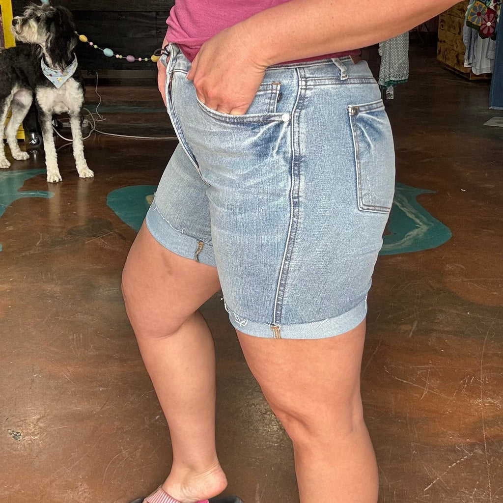 Judy Blue Medium Wash Denim Cut Off Shorts with Cuff - Country Lace Boutique
