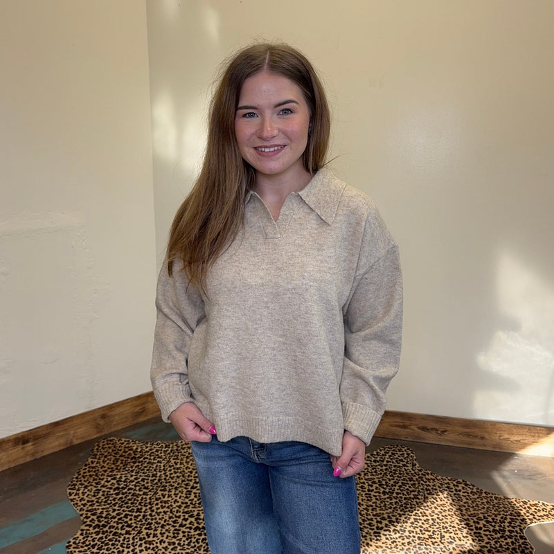 Khaki Soft Polo Long Sleeve Pullover Sweater - Country Lace Boutique