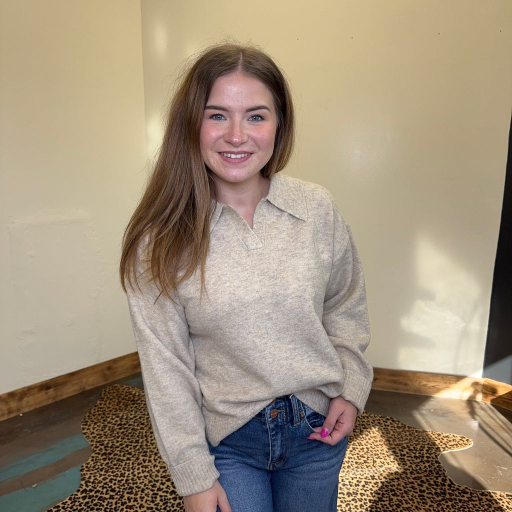 Khaki Soft Polo Long Sleeve Pullover Sweater - Country Lace Boutique