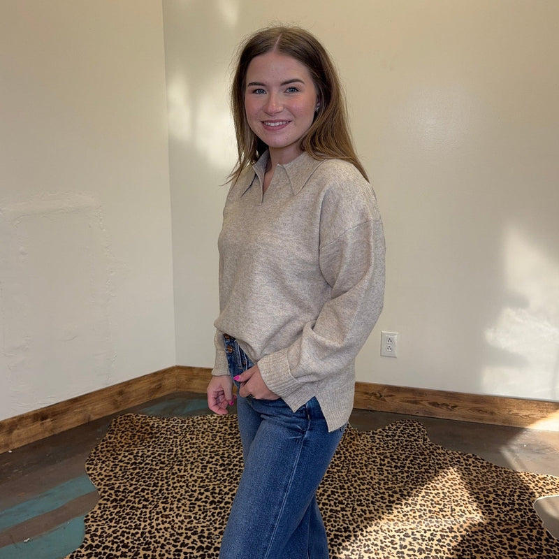 Khaki Soft Polo Long Sleeve Pullover Sweater - Country Lace Boutique