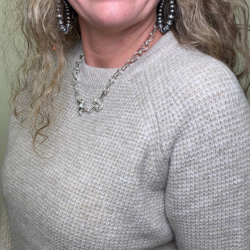 Khaki Soft Waffle Crew Neck Long Sleeve Sweater - Country Lace Boutique