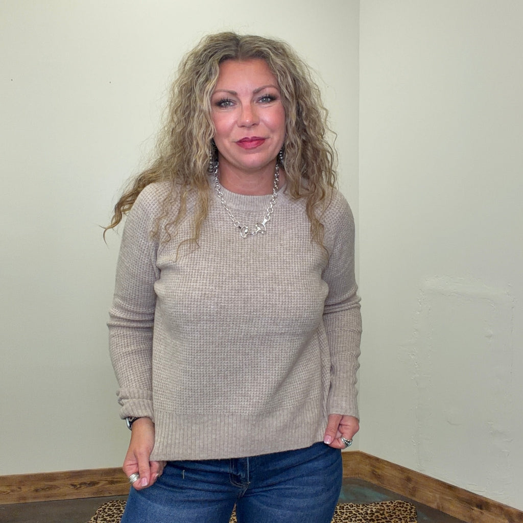 Khaki Soft Waffle Crew Neck Long Sleeve Sweater - Country Lace Boutique