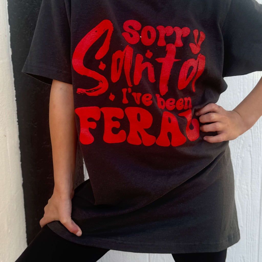 Kids Sorry Santa I've Been Feral Charcoal Grey with Red Crew Neck T-shirt - Country Lace Boutique