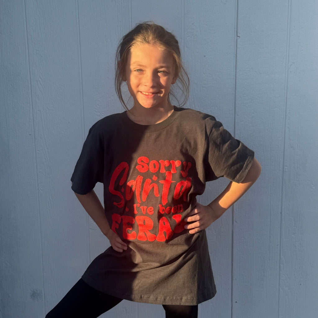 Kids Sorry Santa I've Been Feral Charcoal Grey with Red Crew Neck T-shirt - Country Lace Boutique