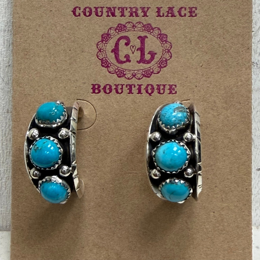 Kingman Turquoise 3 Stone Hoop Post Sterling Silver Earring - Country Lace Boutique