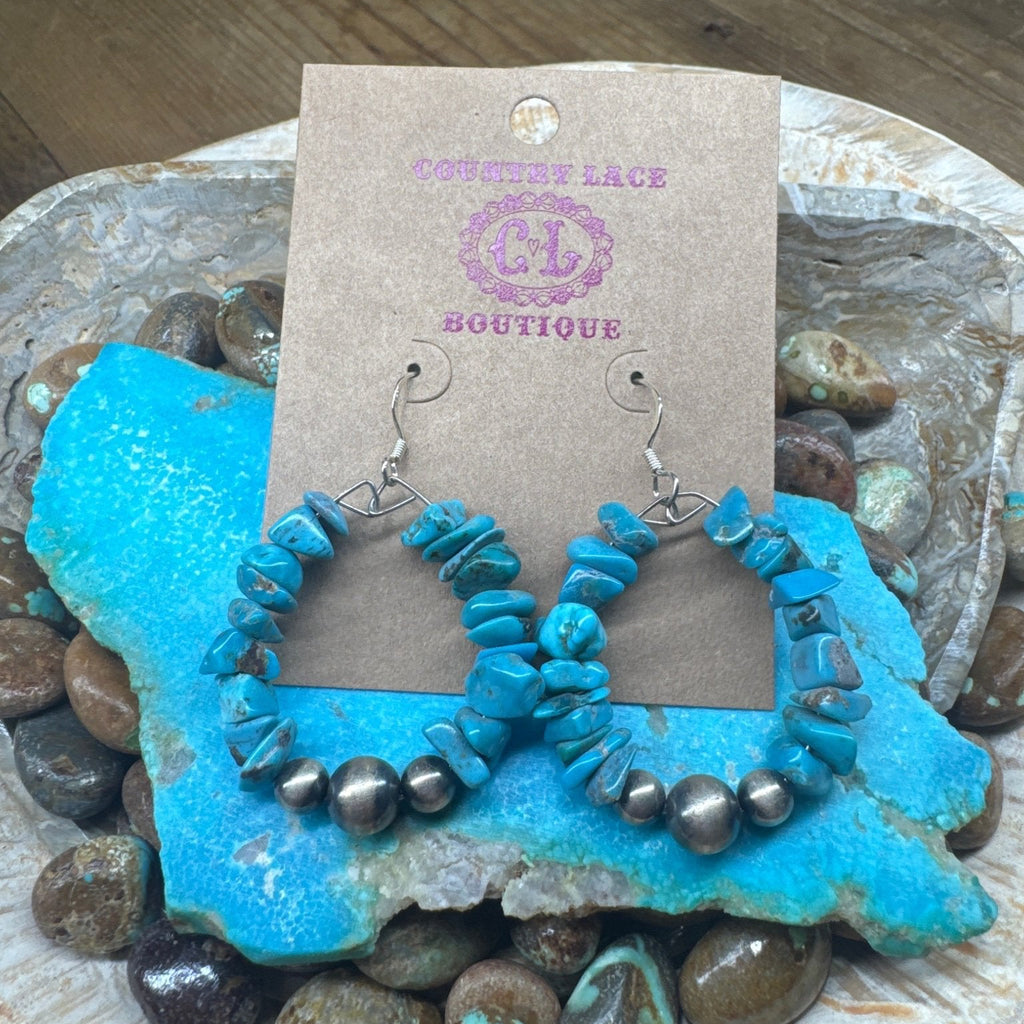 Kingman Turquoise Chips 6&8mm Hoops Sterling Silver French Hook Earrings - Country Lace Boutique