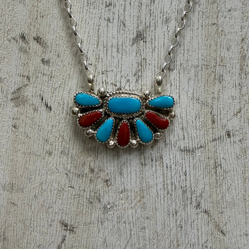 Kingman Turquoise & Coral Half Cluster Sterling Silver Necklace - Country Lace Boutique