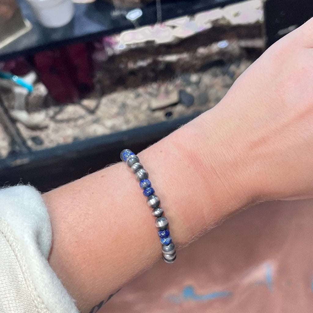 Lapis & Navajo Pearl Stretchy Patterned Sterling Silver Bracele - Country Lace Boutique
