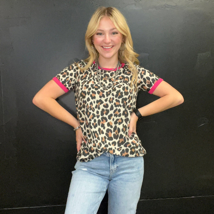 Leopard & Hot Pink Shortsleeve Top - Country Lace Boutique