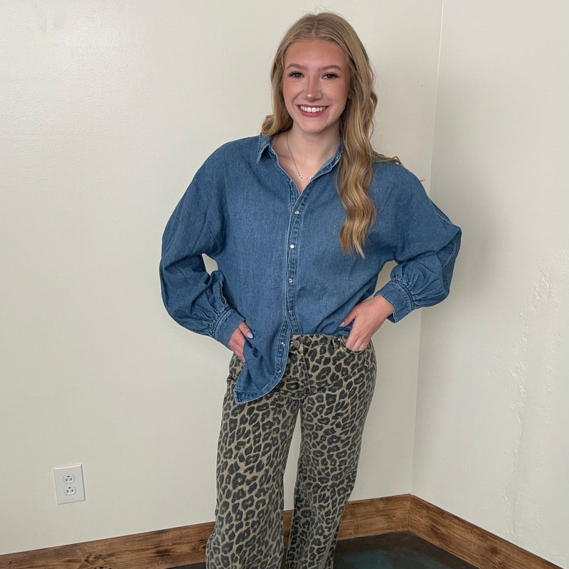 Leopard Mid Rise Fit Wide Risen Jeans - Country Lace Boutique