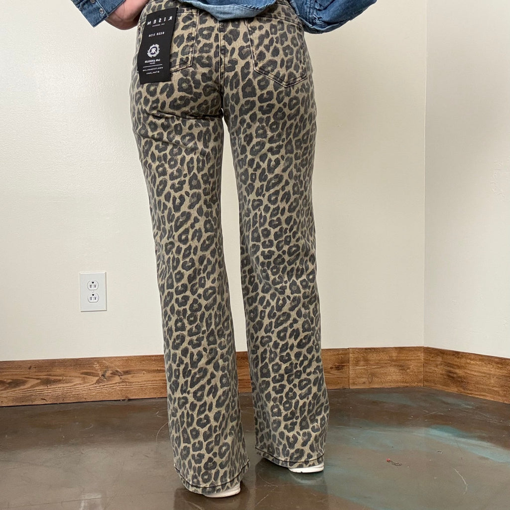 Leopard Mid Rise Fit Wide Risen Jeans - Country Lace Boutique