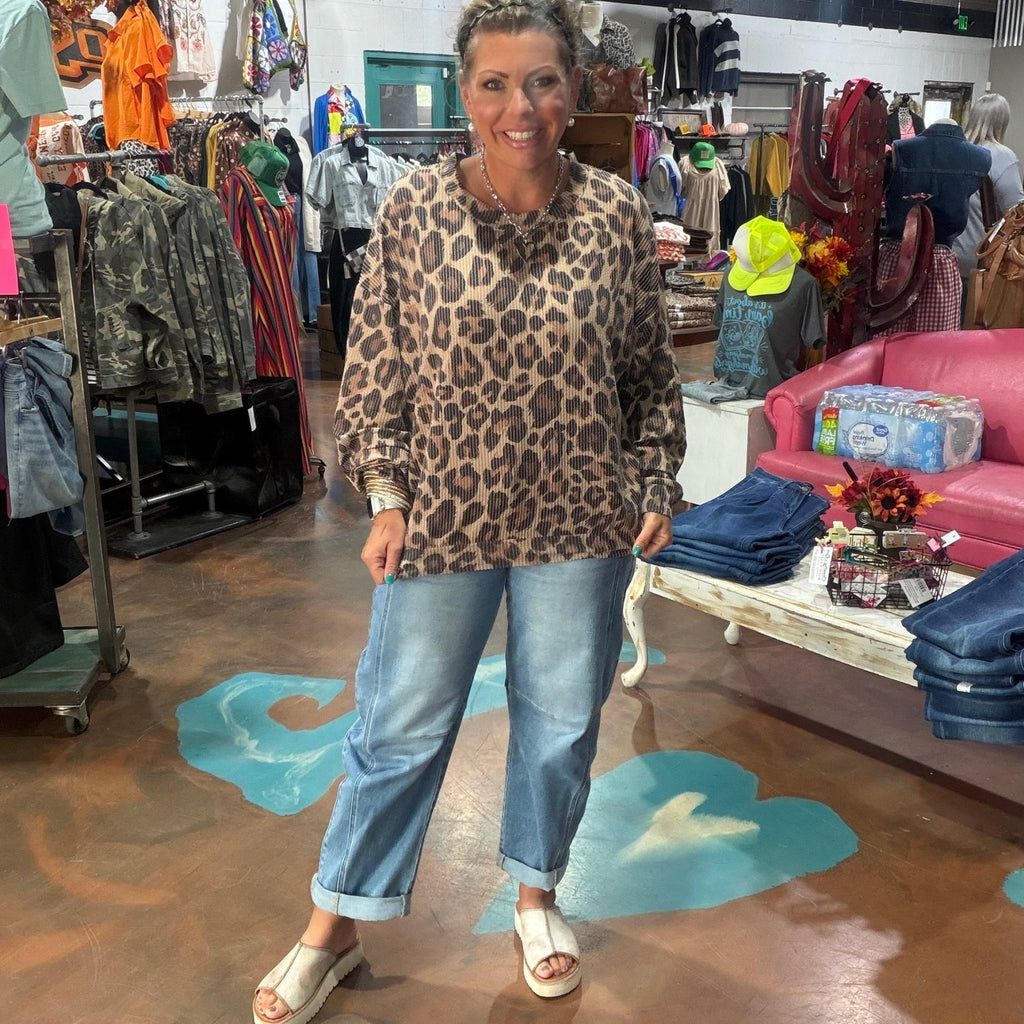 Leopard Ribbed Long Sleeve Shirt - Country Lace Boutique