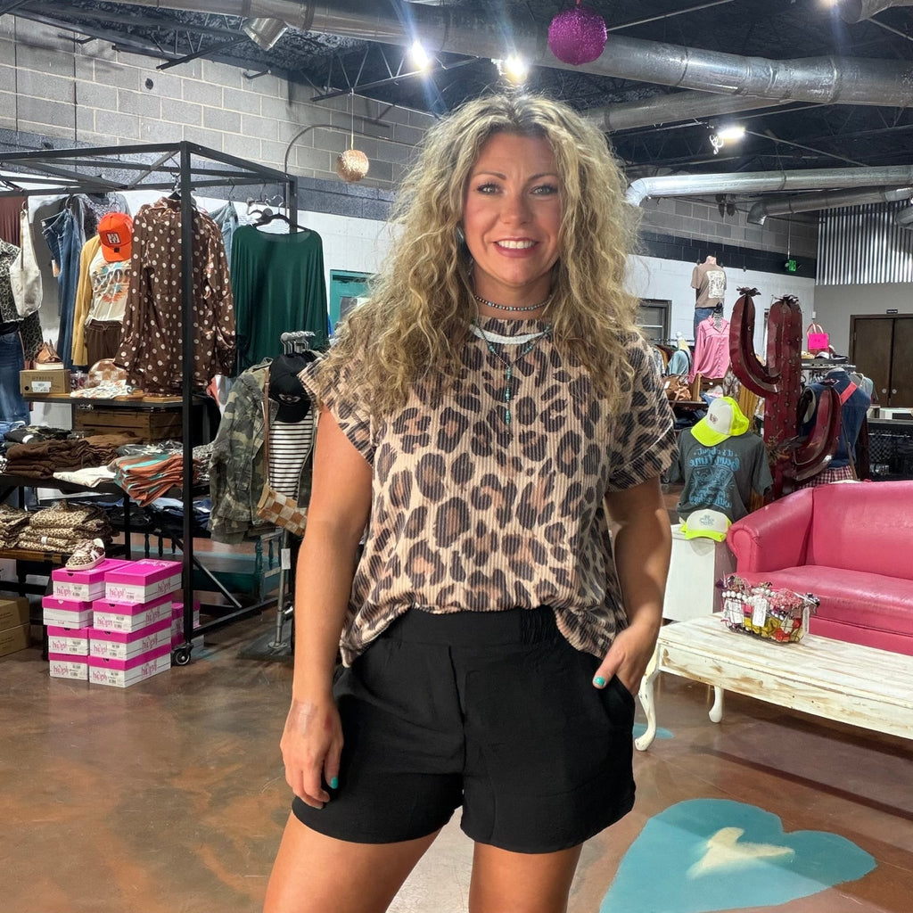 Leopard Ribbed Short Sleeve Shirt - Country Lace Boutique