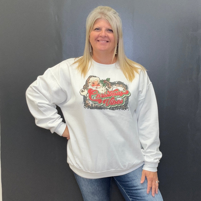 Leopard Santa Christmas Vibes White Sweatshirt / 2XL - Country Lace Boutique