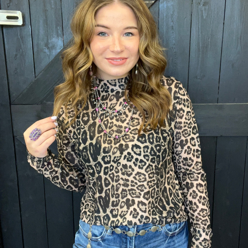 Leopard Sideline Spirit Gold Mesh Long sleeve Top - Country Lace Boutique
