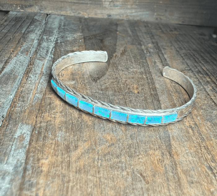 Light Blue Opal Inlay with Sterling Silver Detail Cuff Bracelet - Country Lace Boutique