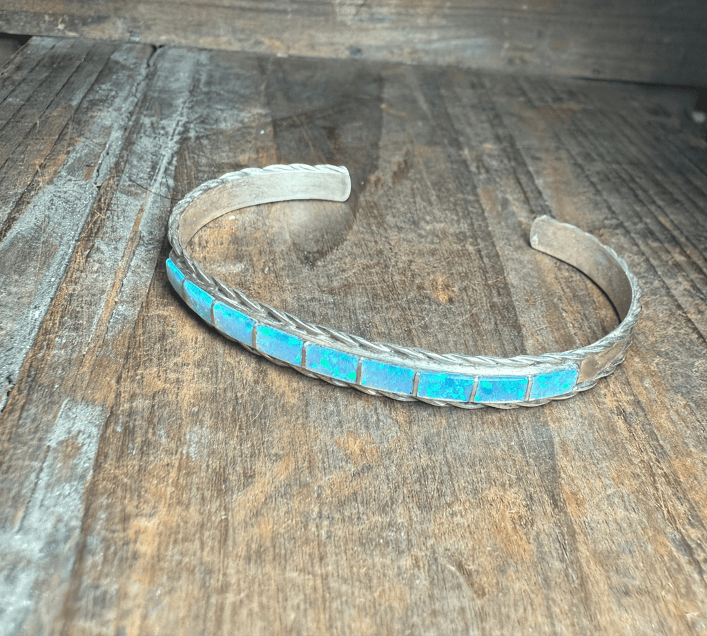 Light Blue Opal Inlay with Sterling Silver Detail Cuff Bracelet - Country Lace Boutique