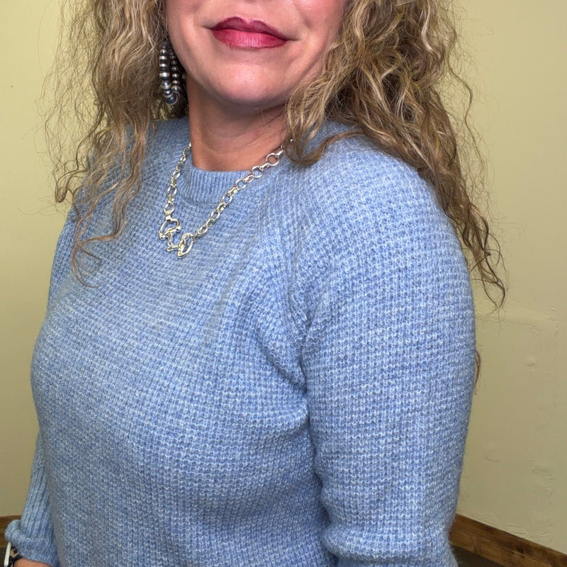 Light Blue Soft Waffle Crew Neck Long Sleeve Sweater - Country Lace Boutique