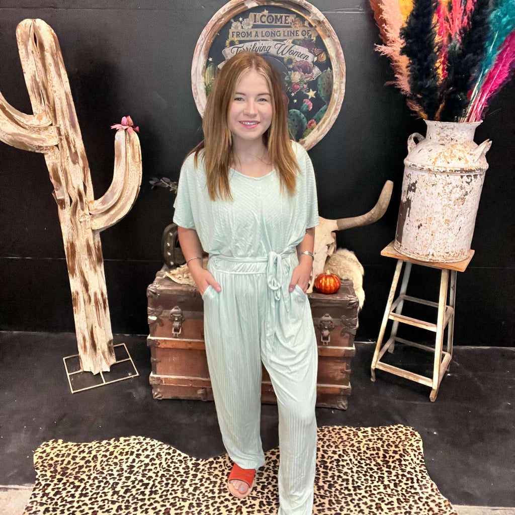 Light Sage Tie Waist Romper Jumpsuit / Small - Country Lace Boutique
