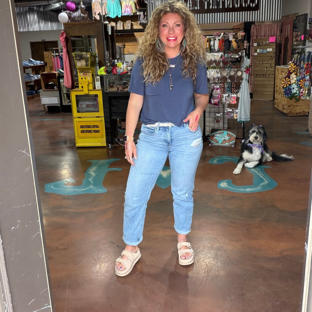 Light Wash Mid Rise Ankle Boyfriend Distressed Risen Jeans - Country Lace Boutique