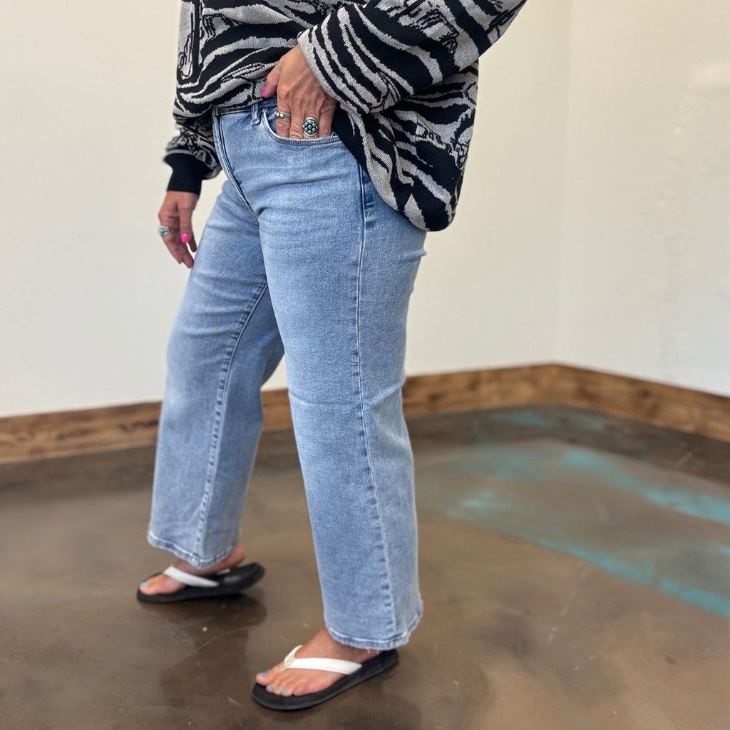 Light Wash Risen Crop Tummy Control Jeans - Country Lace Boutique