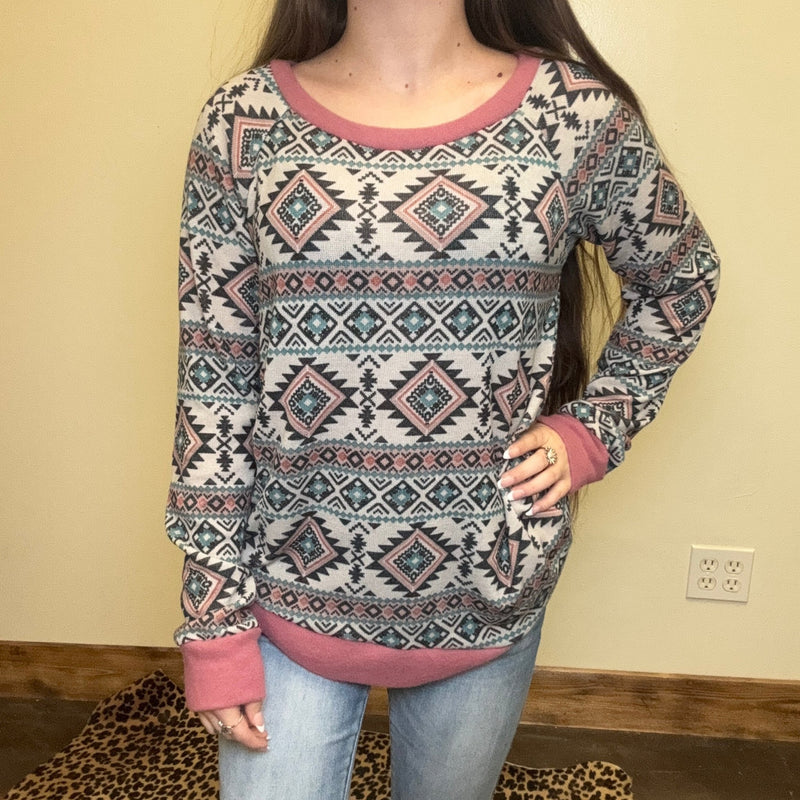 Light Weight Aztec Long Sleeve Sweater - Country Lace Boutique