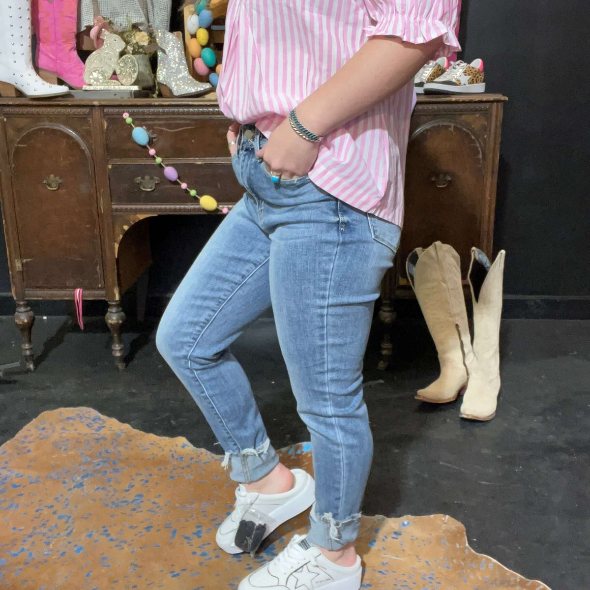 Lightwash Distressed Bottom Judy Blue Skinny Jeans - Country Lace Boutique