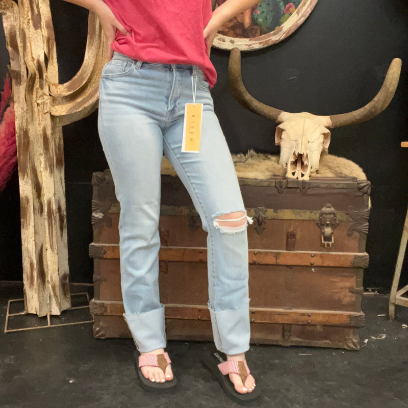 Lightwash High Rise Distressed Knee Straight - Wide Cuffed Risen Jeans - Country Lace Boutique