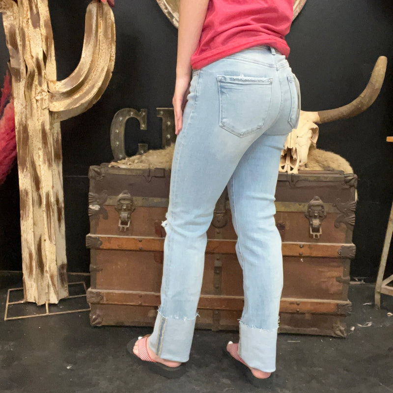 Lightwash High Rise Distressed Knee Straight - Wide Cuffed Risen Jeans - Country Lace Boutique