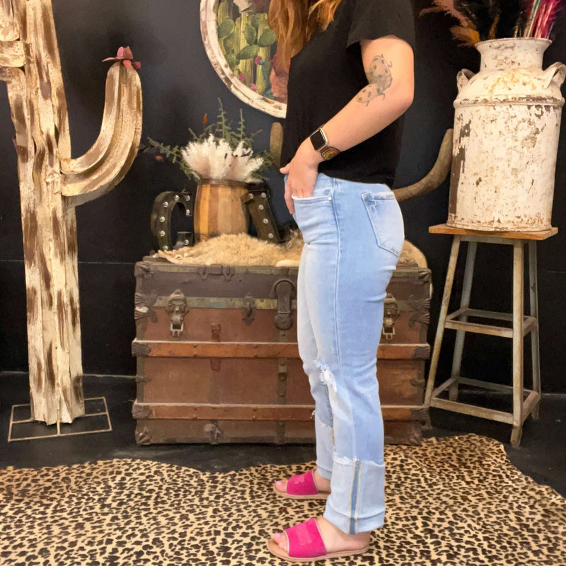 Lightwash High Rise Distressed Knee Straight - Wide Cuffed Risen Jeans - Country Lace Boutique