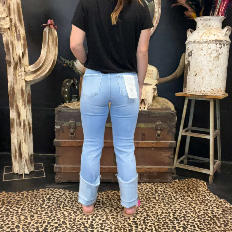 Lightwash High Rise Distressed Knee Straight - Wide Cuffed Risen Jeans - Country Lace Boutique