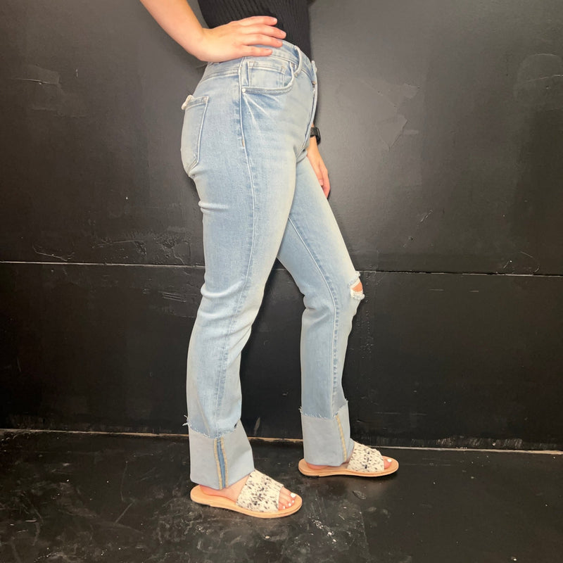 Lightwash High Rise Distressed Knee Straight - Wide Cuffed Risen Jeans - Country Lace Boutique