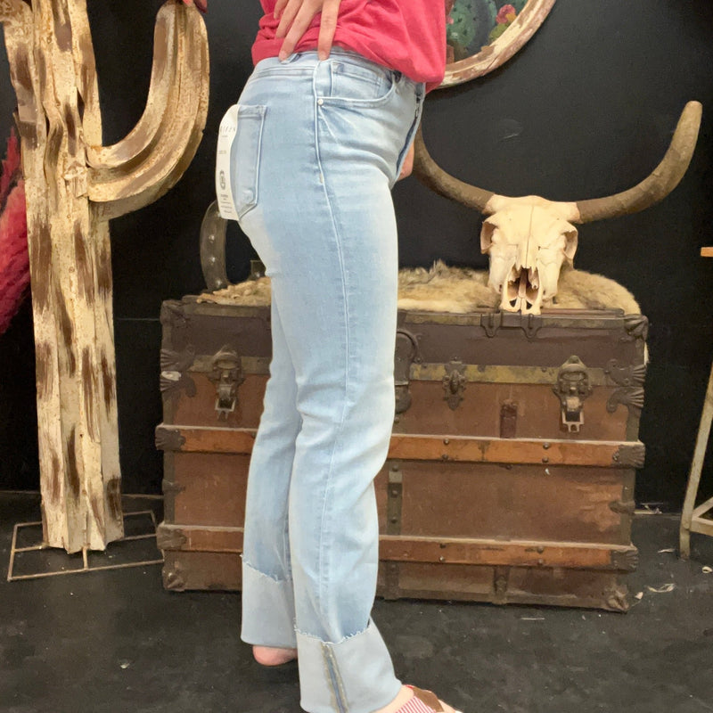 Lightwash High Rise Distressed Knee Straight - Wide Cuffed Risen Jeans - Country Lace Boutique