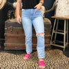 Lightwash High Rise Distressed Knee Straight - Wide Cuffed Risen Jeans - Country Lace Boutique