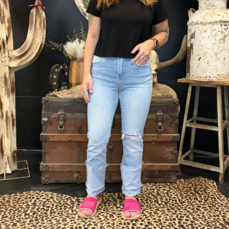 Lightwash High Rise Distressed Knee Straight - Wide Cuffed Risen Jeans - Country Lace Boutique